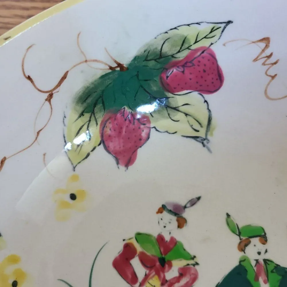 Vintage European Folk Art Handpainted Bowl - Dancing Man and Woman, Strawberries